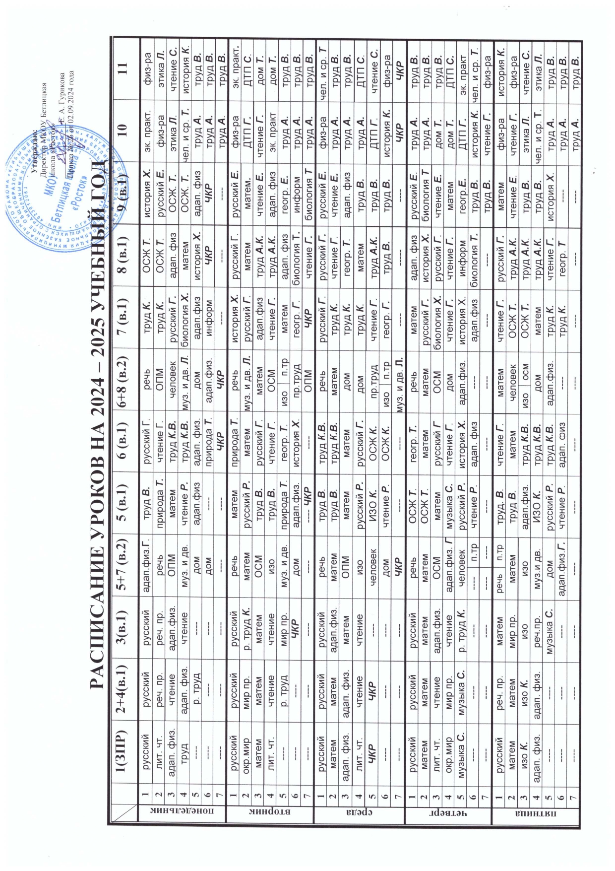 Расписание уроков на 2024-2025 учебный год